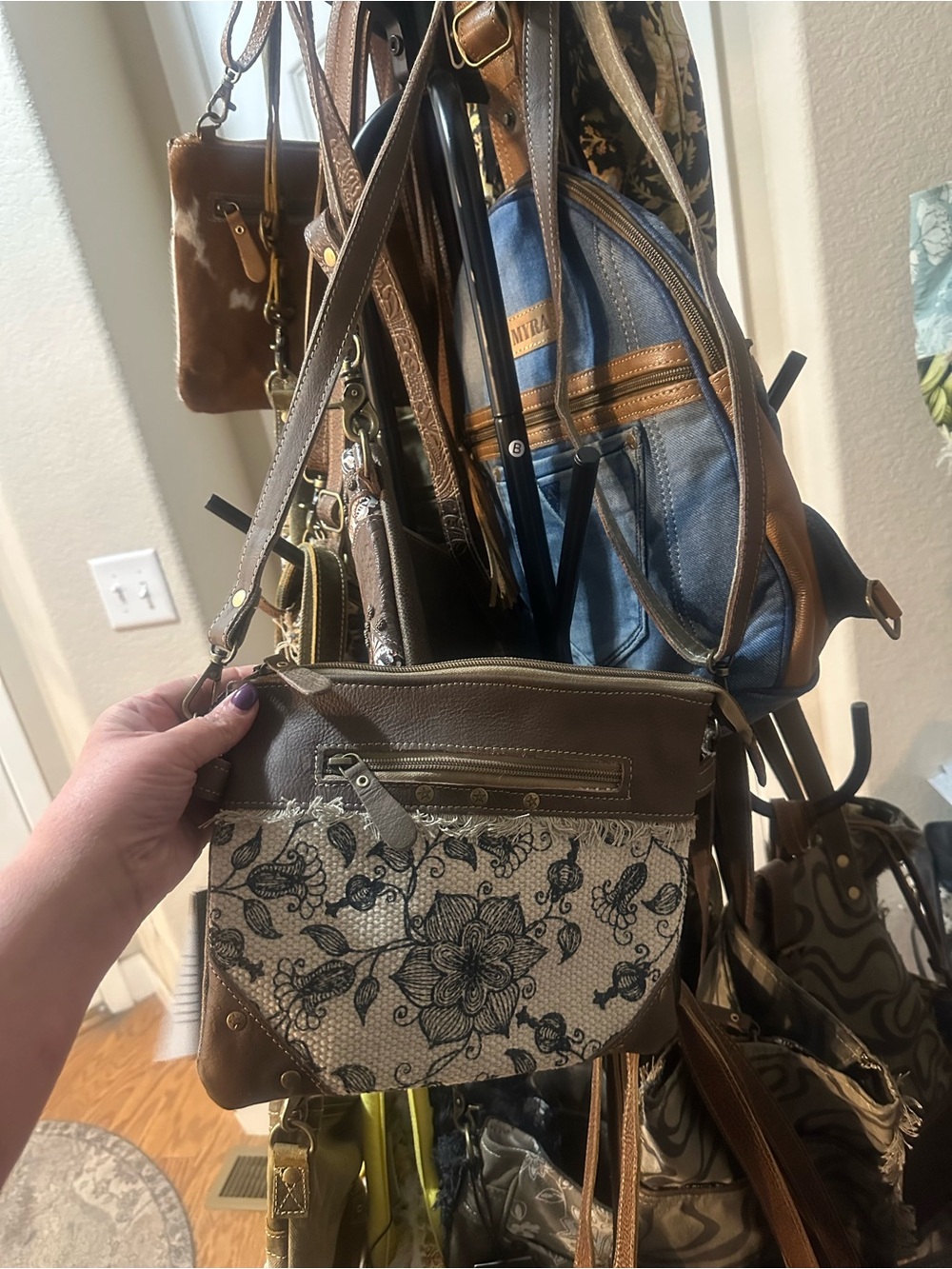 Myra Bag Brown & Cream Floral Crossbody with Brass Accents
